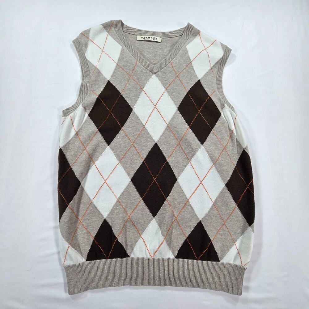 Old Navy Mens Medium Argyle Sweater Vest Brown V Neck Cotton Knit Preppy